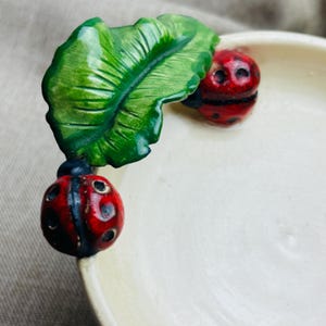 May include: A ceramic dish featuring a ladybug and leaf design. The ladybugs are red with black markings, and the leaf is green. The dish is off-white and has a slightly curved shape, typical of a small serving dish.