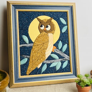 Vintage Framed Owl Textile Wall Art – Handmade Quilted Fabric Owl Picture, 70s Retro Decor