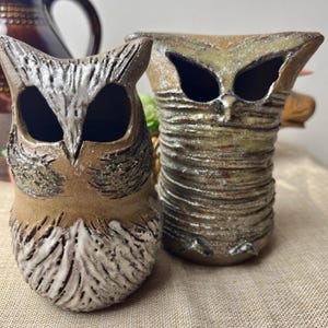 Peut inclure: Deux vases en céramique en forme de hibou avec un glaçage brun et blanc. Les hiboux ont de grands yeux et une surface texturée.