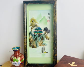 Vintage Chinese Shell Art Painting Framed Pagoda Landscape Wall Decor