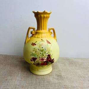 Vintage Yellow Double-Handled Floral Vase | Embossed Handles & Scalloped Rim | Numbered 10796 | Antique Hand-Painted Ceramic