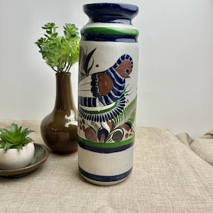 Vintage Tonala Pottery Vase: Hand-Painted Bird & Floral Folk Art