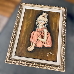 Vintage 1960s Big Eye Girl Painting by Triola | Framed 12x16 Oil on Canvas | Mid-Century Mod Art
