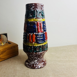 Rossini Originals MCM Vase – 9.5” Tall Vintage Italian Pottery from Tribals Collection – Colorful Geometric Design