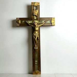 Vintage Wooden Crucifix with Brass Christ Figure and Mother of Pearl Inlay – 13” Religious Wall Cross