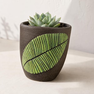 Peut inclure: Un pot de fleurs en céramique brun foncé avec une surface texturée présentant un grand motif de feuille verte sculptée avec des détails de nervures noires. Une plante succulente vert clair est plantée dans le récipient arrondi.