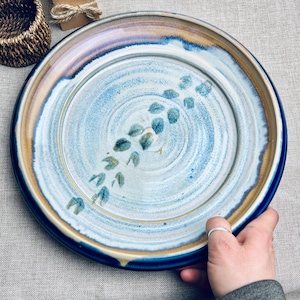 Handcrafted Blue Ceramic Serving Plate: Artist Signed Leaf Pottery