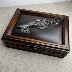 Vintage MCM Wood and Metal Jewelry Box with Key Design Velvet Lined