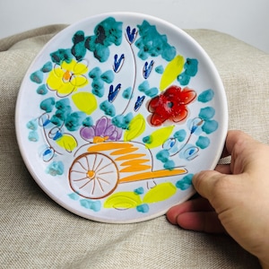 Vintage Hand-Painted Ceramic Plate: French Floral Wheelbarrow Design, Signed