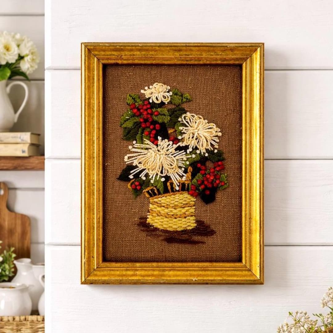 Vintage Crewel Embroidery Floral Wall Art – Framed Needlepoint Flowers ...