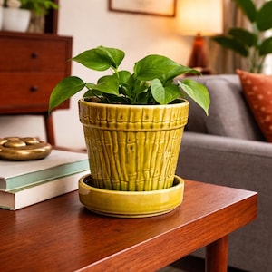 Vintage Avocado Green Ceramic Bamboo Motif Planter with Saucer Mid-Century Design Made in Japan 4" tall.