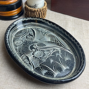 Vintage Mexican Hand-Painted Black Pottery Oval Dish | Bird & Floral Folk Art Design