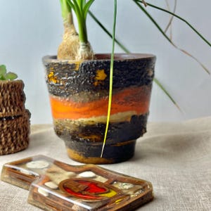 Vintage West German Carstens Fat Lava Planter – Orange & Black Textured Glaze, Mid-Century Modern Pot