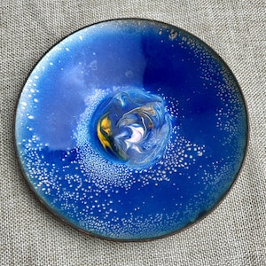 Vintage Mid-Century Modern Copper Enamel Plate: Abstract Starry Night Decor