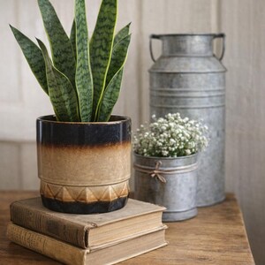 Vintage Décor Vivant Stoneware Planter, Geometric Black Glaze, Canadian Pottery