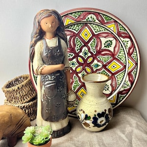 Vintage 1970s Japanese Stoneware Figurine: Girl with Basket