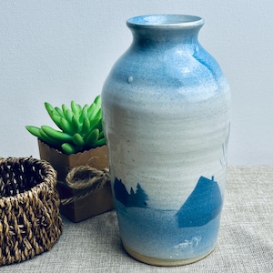 Handmade Blue Ceramic Vase – Artist Signed Pottery with Abstract Landscape