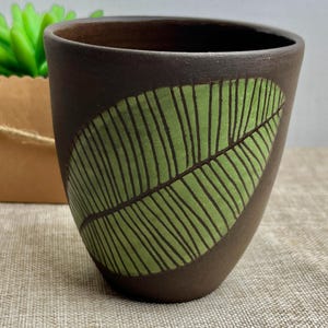 Peut inclure: Un pot en céramique brun foncé avec un motif de feuille verte. Le pot est parfait pour les petites plantes ou les succulentes.