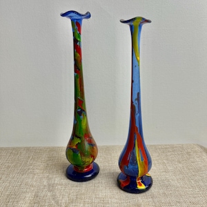 Vintage Art Glass Bud Vases – Hand-Blown Blue Glass with Colorful Drip Design – Mid Century Modern Home Decor