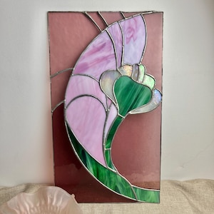 Vintage Stained Glass Floral Panel | Handcrafted Pink & Green Flower Art Glass | art nouveau Leaded Glass Window Decor | Gift for Home