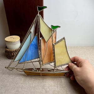 Vintage Stained Glass Sailboat Sculpture | Nautical Home Décor | Handcrafted Art Glass Boat Ornament