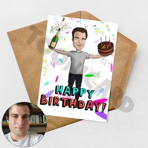 Cartão de feliz aniversário personalizado desenhado à mão para ele, presente personalizado, cartão personalizado, caricatura, cartão de aniversário, desenhado a partir de foto