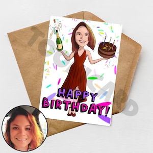Cartão de feliz aniversário personalizado desenhado à mão para ela, presente personalizado, cartão personalizado, caricatura, cartão de aniversário, desenhado a partir de foto