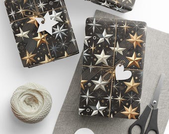 Emballage cadeau étoiles dorées et argentées, papier cadeau des fêtes