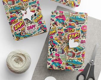 May include: A colorful wrapping paper with a retro cartoon theme. The paper features images of cars, skateboards, and other 1980s-style graphics. The text "Saturday Morning Cartoons" appears on the paper.