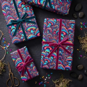 May include: Several wrapped gifts with colorful mushroom-patterned paper and velvet ribbon bows. The gifts are arranged on a dark surface with decorative elements like moss, confetti, and small stones. The paper features vibrant hues of blue, purple, and orange.
