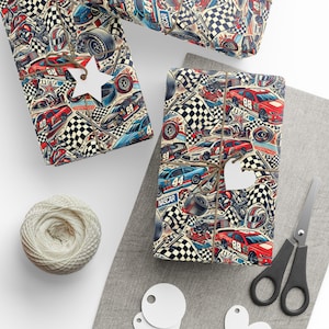 Stock Car Racing Inspired Wrapping Papers, Race Car Gift Wrap, Sports Fan Birthday Present, Unique Racing Paper Roll, Checkered Flag