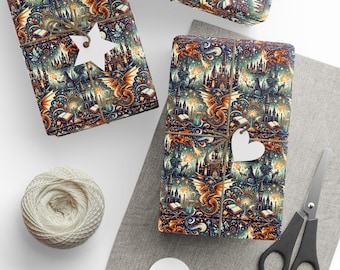 Dragon & Castle Wrapping Paper: Mythical Fantasy Gift Wrap