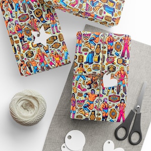 Geschenkpapier, 1980er Jahre Wrestling Thema Geschenkpapier, Vintage Sport Geschenkpapier, Retro Geburtstagsparty Zubehör, Wrestling-Liebhaber Geschenkpapier