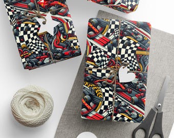 May include: A colourful wrapping paper design featuring a chequered flag pattern, race cars, and other racing-themed elements. The paper is wrapped around a gift box with a brown twine bow.