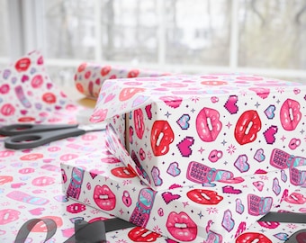Y2K Valentine flip phone glossy lips hearts Wrapping Papers
