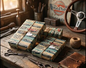 May include: Three gift boxes wrapped in paper with a vintage car design, tied with twine and heart-shaped tags. The boxes sit on a wooden surface with scissors, a spool of twine, and a leather-bound journal. A retro sign and steering wheel are in the background.