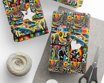 May include: Colourful wrapping paper with a retro-style design featuring aliens, spaceships, and cityscapes. The paper is perfect for wrapping gifts for science fiction fans.