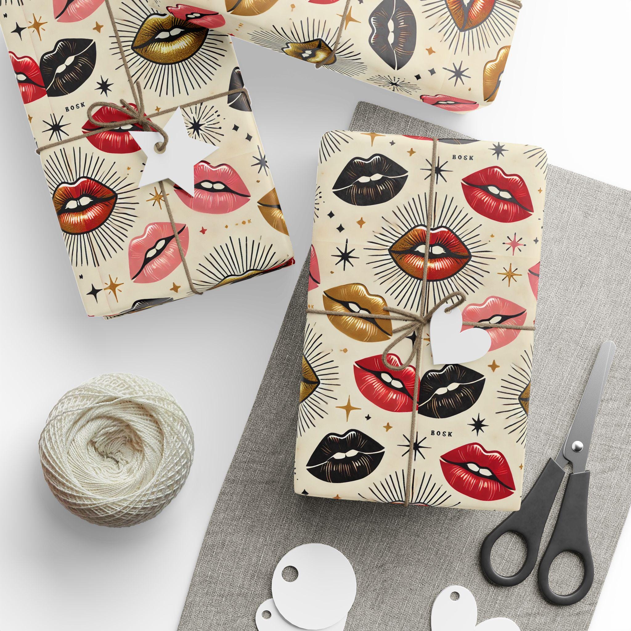 Wrapping Paper, Gold Pink Red Black Lip Design, Valentine's Gift Wrap Papers, Holiday Gift Wrap Set, Romantic Wrapping Sheets, Love