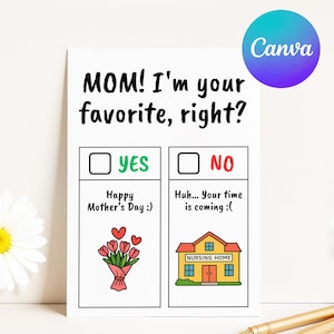 Plantilla de Canva para tarjeta divertida del Día de la Madre, "¿Soy tu hijo/a favorito/a?", Tarjeta editable de Canva para el Día de la Madre, Regalo para la rivalidad entre hermanos, Humor sobre residencias de ancianos