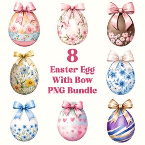 Pacchetto PNG di uova di Pasqua con fiocco, Clipart di Pasqua floreale, Uova estetiche preppy, PNG di primavera Coquette, Uova acquerellate, Grafica carina di uova pastello