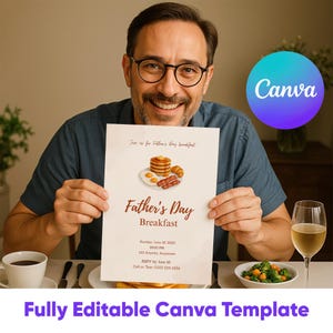 Modèle modifiable de toile d'invitation au petit-déjeuner pour la fête des pères, invitation imprimable pour le petit-déjeuner, carte à téléchargement immédiat pour la réunion de papa