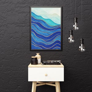 Abstract Blue Waves Wall Art Print | Modern Minimalist Ocean Landscape | Digital Download Printable Artwork