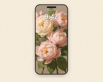 Phone Wallpaper Peony Bouquet, Vintage Floral iPhone Wallpaper, Pink Pastel Aesthetic Background, Cottagecore Lock Screen No. 145