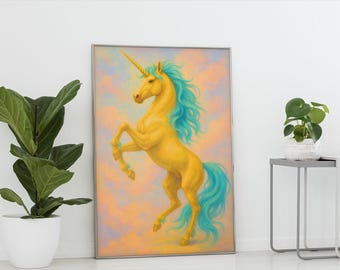 Golden Unicorn Wall Art Print: Rearing Pastel Fantasy (Digital Download)