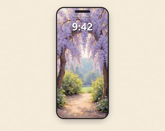 Phone Wallpaper Wisteria, Vintage Floral iPhone Wallpaper, Pastel Purple Aesthetic Background, Cottagecore Lock Screen