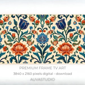 Op de afbeelding: Een rechthoekig, ingelijst kunstwerk met een bloemenpatroon. Het ontwerp toont oranje en blauwe bloemen met groene bladeren tegen een crèmekleurige achtergrond. De tekst "PREMIUM FRAME TV ART" en "AUVASTUDIO" zijn zichtbaar.