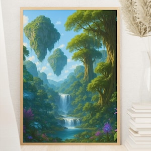 May include: A framed art print featuring a fantasy landscape with waterfalls, lush green trees, and floating islands. The artwork has a vibrant color palette with shades of blue, green, and purple. The print is displayed on a white wall.