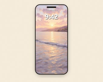 Phone Wallpaper Coastal Sunset, Vintage Ocean iPhone Wallpaper, Pastel Beach Aesthetic Background, Cottagecore Lock Screen No. 159