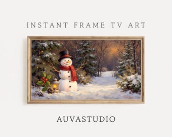 Vintage Christmas Snowman Frame TV Art, Cozy Winter Oil Painting, Christmas Frame TV Decor, Farmhouse Wall Art, 4K Digital Download