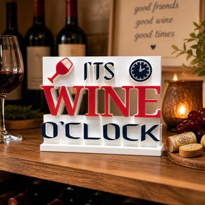 It's Wine O'Clock Zeichen, lustiges Geschenk für Weinliebhaber, freistehendes Regaldekor, Barwagen-Akzent, 3D-gedrucktes Küchendekor, Einweihungsgeschenk